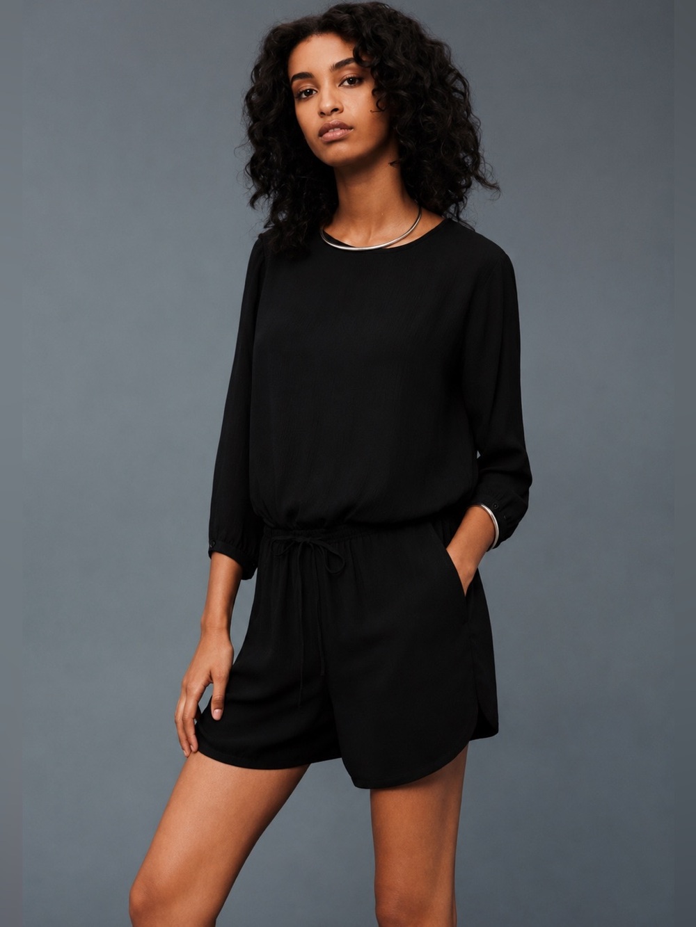 NWT Aritzia Babaton Keagan Romper Black Drawstring Pockets Size M